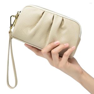 Portefeuilles en cuir véritable pochette femme mère main col couche supérieure peau de vache Double couche fermeture éclair haut niveau portefeuille téléphone