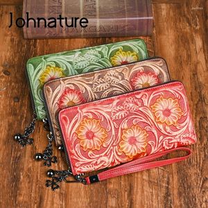 Billeteras Johnature 2023 de piel auténtica para mujer, cartera con grabado Retro, tarjetero, piel de vaca auténtica Natural, bolsos de mano para mujer