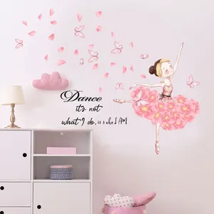 Fonds d'écran 30 60cm Dancing Girl Pink Butterfly Cartoon Wall Sticker Salon Chambre Étude Décoration Auto-adhésif Mural