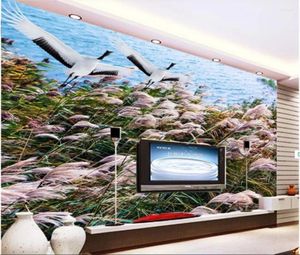 Fonds d'écran 3D Fond d'écran personnalisé Po Mural sur le mur Lac Reed Egret Paysage Décor à la maison Fond Salon pour murs 3 D