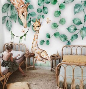 Fonds d'écran Bacal personnalisé 3D papier peint Mural nordique minimaliste feuilles dessin animé mignon Animal girafe enfants maison fond mur maison