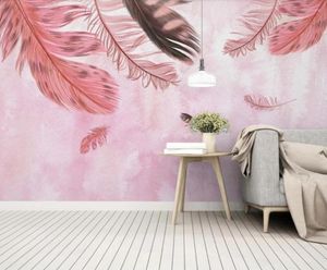 Fondos de pantalla Bacal Custom Modern 3D Wallpaper Mural Minimalista Pintado a mano Pink Feather Small Fresh Girl Room Fondo de pared Decoración para el hogar