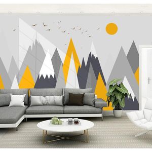 Fonds d'écran Bacaz Jaune Géométrie Abstraite Papier Peint Soleil Oiseaux Montagne Murale Pour Chambre Canapé Fond 3d Mur de Bande Dessinée Papier