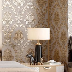 Fondos de pantalla Beige-gris dorado texturizado lujo clásico damasco papel tapiz dormitorio sala de estar decoración del hogar rollo de papel de pared de PVC impermeable