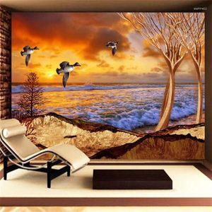 Fondos de pantalla personalizado moderno puesta de sol gaviotas árbol seco TV fondo pared gran mural verde tela de seda autoadhesivo papel tapiz papel de parede
