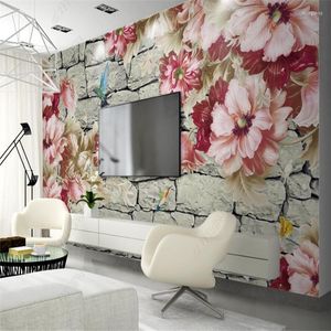 Fondos de pantalla Mural personalizado Flor 3D Papel tapiz de pared de piedra sólida Decoración para el hogar Papel floral Dormitorio Autoadhesivo