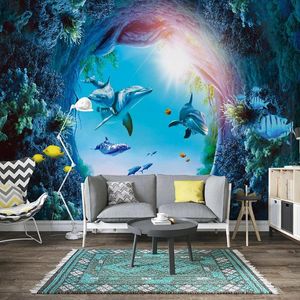 Fondos de pantalla Mural personalizado Papel tapiz 3D Estéreo Mundo submarino Delfines Pintura de pared Dormitorio de los niños PVC Pegatinas autoadhesivas impermeables