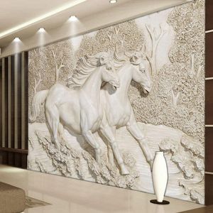 Fondos de pantalla Mural personalizado Papel tapiz 3D Estéreo Relieve Caballo blanco Po Murales de pared Sala de estar clásica TV Telón de fondo Decoración del hogar Pinturas Fondos de pantalla