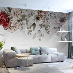 Fondos de pantalla Tamaño personalizado Pintura al óleo europea Floral Papel de pared 3D Rosa Blanco Rosa Decoración para el hogar Mural Dormitorio Papel tapiz autoadhesivo