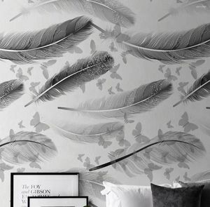Fonds d'écran de papier peint élégant en plume gris élégant papillon mural 3d art po wall papier salon tv canapé poteaux d'étude décor de la maison