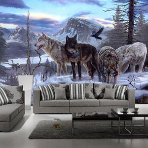 Fonds d'écran amélioration de l'habitat personnalisé 3D Po animaux réalistes loup enneigé toile de fond murale salon salon enfants tissu 3 D