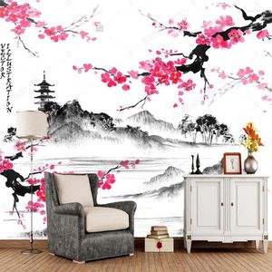 Papel tapiz de paisaje japonés con ramas de Sakura, Mural Retro para sala de estar, dormitorio, sofá, papel de pared de fondo