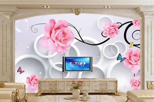 Fondos de pantalla Grandes Murales Rose Circle Drops Reflexión 3D Butterfly Wallpaper Sala de estar TV Sofá Pared Dormitorio Papel de Parede