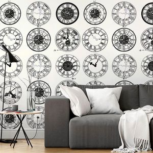 Fondos de pantalla Moderno Negro Blanco Reloj Patrón Papel tapiz Decoración para el hogar Rollo para sala de estar Dormitorio Paredes Tienda de relojes Papel de contacto