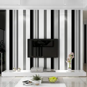 Fondos de pantalla Rollo de papel tapiz de rayas verticales no tejidas minimalistas modernos, revestimiento de paredes de papel de pared con rayas 3D en negro, gris y blanco