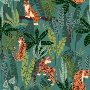 Fonds d'écran Moderne Peel et Stick Papier peint Palmiers tropicaux Forêt Jungle Animal Tigre Pépinière Maternelle Chambre d'enfant Décoration murale