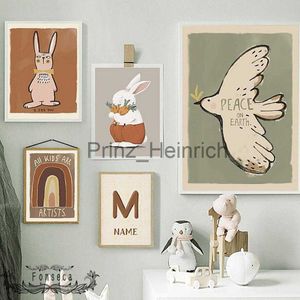 Fondos de pantalla Nordic Cute Cartoon Dove Rabbit Rainbow Abc Canvas Painting Nombre personalizado Posters and Prints Wall Art Pictures para Kids Room J230704