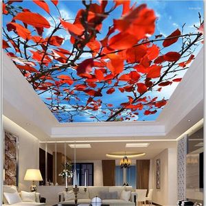 Fondos de pantalla Wellyu Custom Large Wallpaper 3D Hermoso cielo azul Hojas rojas Techo Zenith Fresco Sala de estar Papel de Parede