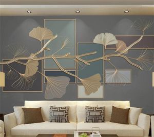 Fondos de pantalla Wellyu Personalizado Grandes murales Estilo chino Hoja de Ginkgo Geométrica Líneas en relieve doradas Sala de estar Fondo de pantalla