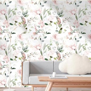 Fonds d'écran Blanc Floral Papier Peint Peler Et Coller Coréen Fleur Rose Oiseau Arbre Papillon Mur Papier De Contact Pour Chambre