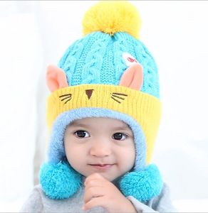 Gorro con orejas de gato de dibujos animados cálido, orejeras de felpa tejidas para bebé, gorros para niños pequeños, gorros de ganchillo para niño y niña, venta al por mayor