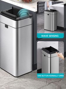 Waste Bins 15L 20L 30L 40L 50L 60L Smart Trash Can Stainless Steel bin High Cans Garbage Bin for Kitchen Wastebasket 230926