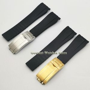 Correas de reloj Correa de goma negra clásica de lujo de 20 mm con hebilla de acero chapada en plata/oro