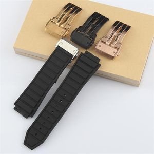 Bracelets de montre noir 29 19mm bracelet de montre en caoutchouc à bouche convexe pour HUBLO T Big Ban G fermoir de déploiement en acier inoxydable Strap239V