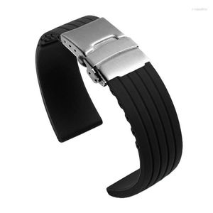Bracelets de montre Bracelet en caoutchouc de silicone 16mm 18mm 20mm 22mm 24mm Pneu Stripes Band Boucle de déploiement Bracelet de montre noir étanche