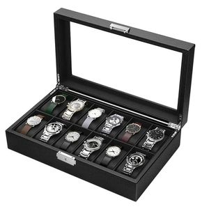 Watch Box12106 Organisateur de boîte de montre à fente pour hommesVitrine de montre avec dessus en verre pour cadeau d'affaires en cuir de Fiber de carbone 240226