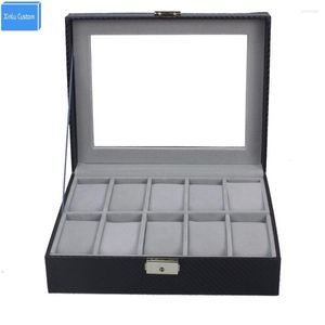 Boîtes de montre Boîte en fibre de carbone à 10 fentes Boîte de rangement pour bijoux avec clé de verrouillage et fenêtre de visualisation Xinlu Custom Supply