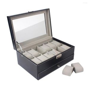 Cajas de reloj Caja de lujo de 12 ranuras Estuche de cuero de PU con tapa de cristal Organizador de reloj de pulsera Exhibición Maletín de joyería