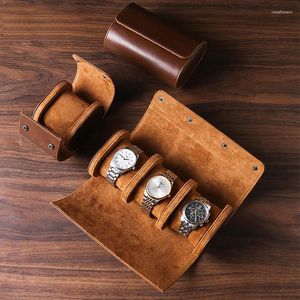 Cajas de reloj Estuche de viaje con rollo de 3 ranuras Caja de almacenamiento de exhibición de cuero vintage portátil Organizadores de regalo para hombres
