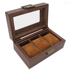 Cajas de reloj Caja de madera 3 ranuras Bisagras de metal Pantalla de patrón vintage natural para relojes Almacenamiento marrón