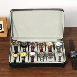 Montres Boîtes Cas 61012 Fentes Poignet Voyage Titulaire De Stockage Cas Organisateur Noir Zipper PU En Cuir Bijoux Affichage 230509