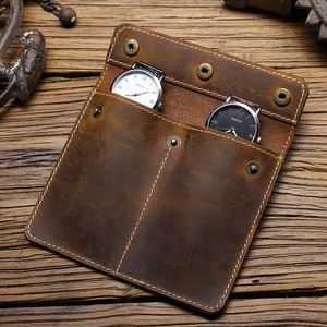 Boîtes de montres Étuis en cuir de vache 2 Slot Box Handmade Roll Travel Case Portable Wristwatch Pouch Exquis Retro Slid In Out Organizer