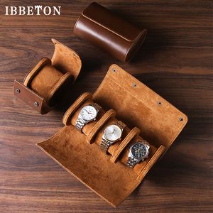 Cajas de reloj Estuches IBBETON 3 Slot Roll Estuche de viaje Portable Vintage Leather Display Storage Box Organizadores de hombres Regalo 230725