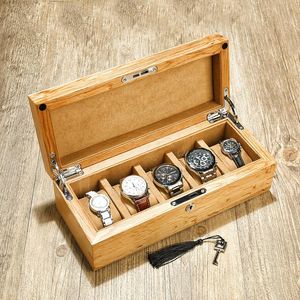 Boîtes de montre cas conception simple couleur bois 5 grilles boîte de rangement verrouillable en bois pour hommes