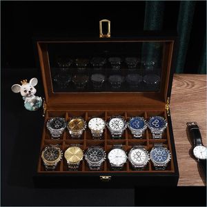 Cajas de reloj Cajas de almacenamiento Caja de reloj Caja de madera maciza de lujo Caja retro Cajas de exhibición de madera Relojes para hombres Organizador 12 Asientos Coll Dhhqb