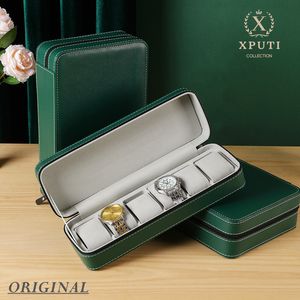 Boîtes de montres Étuis pour montres Traval Case Box Organizer 6/10/12 Slots PU Leather Portable Zipper Watch Case Multi-Functional Bracelet GREEN Display Box 230206