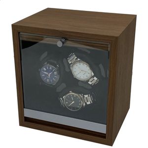 Boîtes à montres Remontoir de montre pour montres automatiques Boîte de rangement Boîtier de montre mécanique anti-poussière Bois de noyer noir Coffre-fort Mata Box LED Lumière ambiante 231116