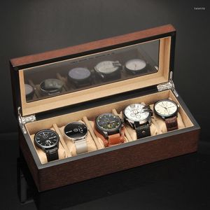 Cajas de reloj Caja de madera de color marrón para hombre organizador clásico de 5 rejillas para regalo de hombre