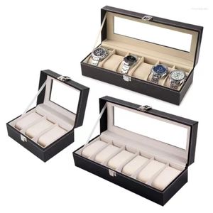 Boîtes de montre Boîte de rangement de boîtier de grille sous-format PU Cuir à poussière Perspective portable Cadeau