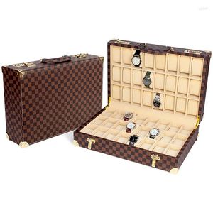 Watch Boxes High-grade Password Plaid Decorative Pattern Business Display Case 48 Slots Portable PU Leather Storage Cases