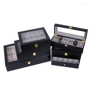 Boîtes à montres Organisateur de boîte de luxe 20 fentes Stockage en bois noir Montres pour hommes en cuir PU Affichage Double Couche Idée cadeau