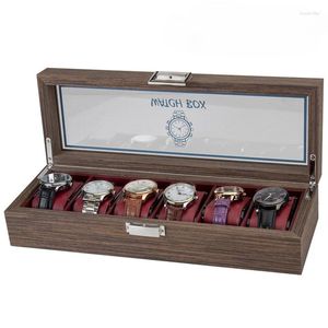 Boîtes de montres de luxe en bois massif, organisateur pour hommes, armoire en noyer rouge-noir à 6 fentes, présentoir de bijoux pour hommes