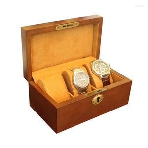 Cajas de reloj Caja de almacenamiento de caja de madera pequeña con organizador de bloqueo 3 ranuras Relojes de pulsera mecánicos Colección de exhibición de pulsera