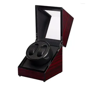 Boîtes de montres en bois laque Piano noir brillant en Fiber de carbone, boîte à Double enrouleur, moteur silencieux, vitrine de rangement automatique D