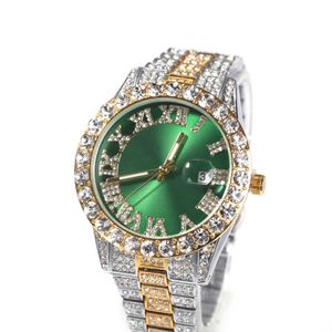 Reloj Hip hop romano digital con incrustaciones de diamantes para hombre, marca de moda, esfera verde, reloj de cuarzo con esfera grande
