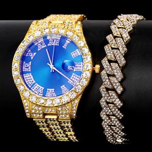 Relojes Iced Out Full Rhinestones Pavimentado Pulsera Ladies Wrist Luxury Crystal Cuban Link Chain Watch Set Jewelry 230613